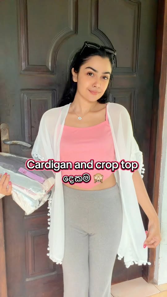 Pom-Pom Chiffon Cardigan & Crop Top Set